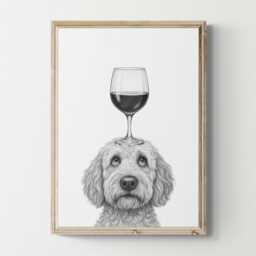 Goldendoodle Dog Art Print, Funny & Wine Drawing, Lover Wall Decor, Lovers Gifts - thumbnail 1