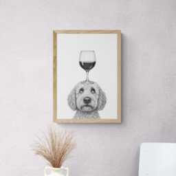 Goldendoodle Dog Art Print, Funny & Wine Drawing, Lover Wall Decor, Lovers Gifts - thumbnail 2