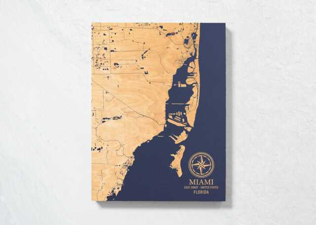 Miami, Florida Map - Engraved Wood Coastal Wall Art Sign, Beach House Home Decor Nautical Print, Unique Personalized Family Gift - image 1