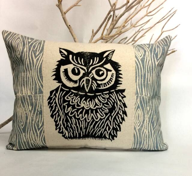 Woodland Owl Pillow Hand Carved Print, Rustic Home Decor - image 1