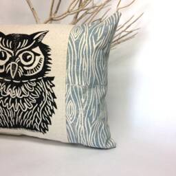 Woodland Owl Pillow Hand Carved Print, Rustic Home Decor - thumbnail 3