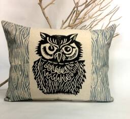 Woodland Owl Pillow Hand Carved Print, Rustic Home Decor - thumbnail 1