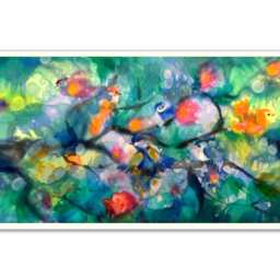 Cheerful Painting With Cute Family Of Birds, Gift For Wedding, Art Print On Canvas, Multicolor Positive Joyful Art, Bird Flock, Life - thumbnail 2