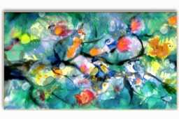 Cheerful Painting With Cute Family Of Birds, Gift For Wedding, Art Print On Canvas, Multicolor Positive Joyful Art, Bird Flock, Life - thumbnail 1