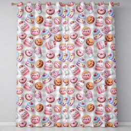 Cute Kawaii Donut Cake Dessert Beige Gingham Seamless Pattern Readymade Eyelet Ring Top Thermal 100% Blackout Curtains - thumbnail 2