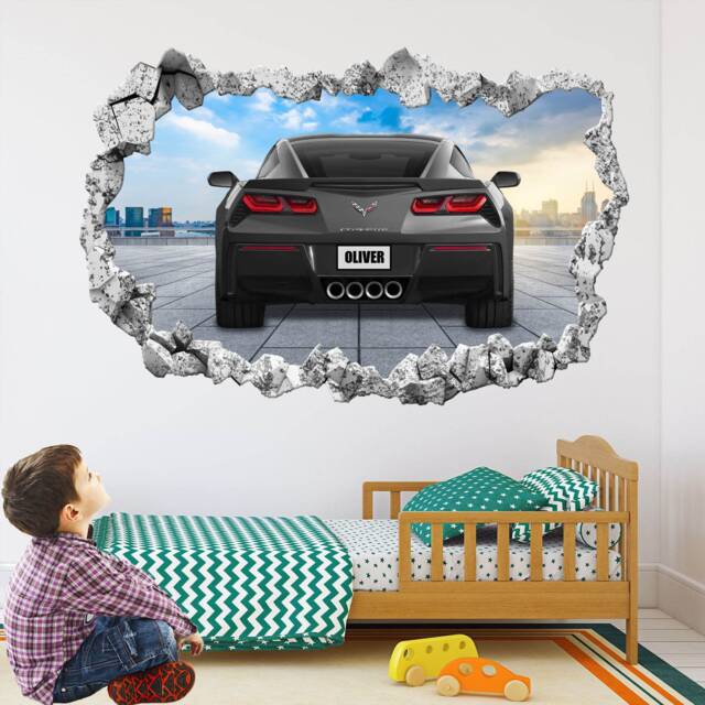 Supercar Sports Car Personalised Name Wall Decal Sticker Mural Poster Print Art Kids Boys Bedroom Decor Black Corvette Kd11 - image 1