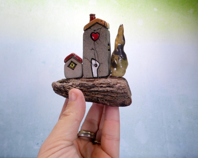 Driftwood Ceramic Miniature Houses, Rustic Home Decor Sculpture - image 1