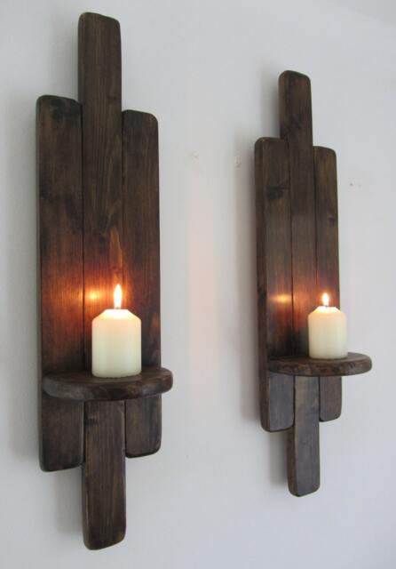 Pair Of Art Deco Style Rustic Wall Sconce's/Led Candle Holders Reclaimed Wood & Jacobean Dark Oak Wax - image 1