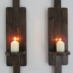 Pair Of Art Deco Style Rustic Wall Sconce's/Led Candle Holders Reclaimed Wood & Jacobean Dark Oak Wax - thumbnail 3