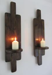 Pair Of Art Deco Style Rustic Wall Sconce's/Led Candle Holders Reclaimed Wood & Jacobean Dark Oak Wax - thumbnail 1
