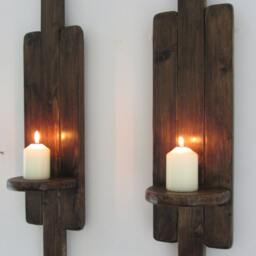 Pair Of Art Deco Style Rustic Wall Sconce's/Led Candle Holders Reclaimed Wood & Jacobean Dark Oak Wax - thumbnail 2
