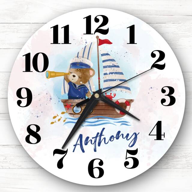 Watercolour Sailor Teddy Bear Nautical Boys Room Custom Gift Personalised Clock - image 1