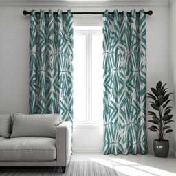 Modern Geometric Bamboo Curtains, Teal & White Minimalist Drapes, Abstract Print Window Treatments, Custom Length Panel Curtains - thumbnail 3