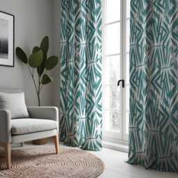 Modern Geometric Bamboo Curtains, Teal & White Minimalist Drapes, Abstract Print Window Treatments, Custom Length Panel Curtains - thumbnail 2