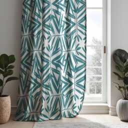 Modern Geometric Bamboo Curtains, Teal & White Minimalist Drapes, Abstract Print Window Treatments, Custom Length Panel Curtains