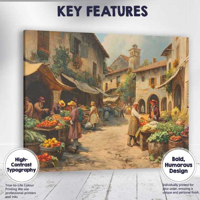 Traditional European Market Square Fresh Produce Street Scene Canvas Wall Art Print Decor Picture Ready To Hang - image 1