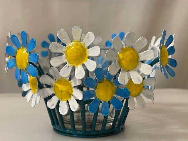Hand Painted Floral Candle Tealight Holder, Daisy Glass Centerpiece - image 1