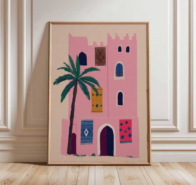 Moroccan Wall Art, Gouache Painting, Pink Marrakech Architecture Print, Palm Tree Decor Poster, Boho Travel Art, Exotic Home Wall - image 1