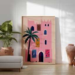 Moroccan Wall Art, Gouache Painting, Pink Marrakech Architecture Print, Palm Tree Decor Poster, Boho Travel Art, Exotic Home Wall - thumbnail 2