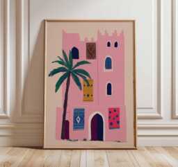 Moroccan Wall Art, Gouache Painting, Pink Marrakech Architecture Print, Palm Tree Decor Poster, Boho Travel Art, Exotic Home Wall - thumbnail 1