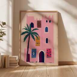 Moroccan Wall Art, Gouache Painting, Pink Marrakech Architecture Print, Palm Tree Decor Poster, Boho Travel Art, Exotic Home Wall - thumbnail 3