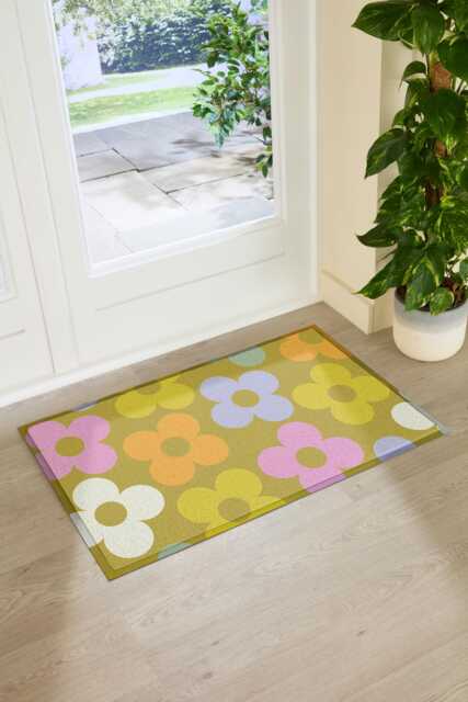 Elizabeth Olwen Petals On Pistachio Indoor Outdoor Doormat - Floral Entrance Rug Botanical Home Decor Housewarming Gift 90x60cm - image 1