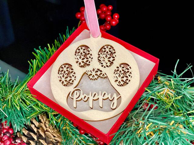 Personalised Snowflake Paw Print Christmas Bauble Wood Pet Ornament - image 1