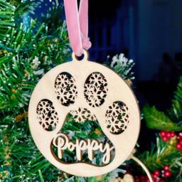 Personalised Snowflake Paw Print Christmas Bauble Wood Pet Ornament - thumbnail 2