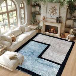 Modern Moroccan Rug - Beige & Light Blue Geometric Berber Carpet, Handmade Shag Area Rug, Contemporary - thumbnail 3