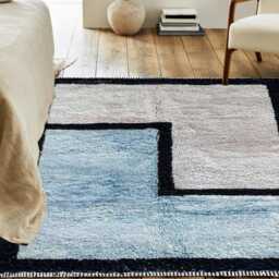 Modern Moroccan Rug - Beige & Light Blue Geometric Berber Carpet, Handmade Shag Area Rug, Contemporary - thumbnail 2