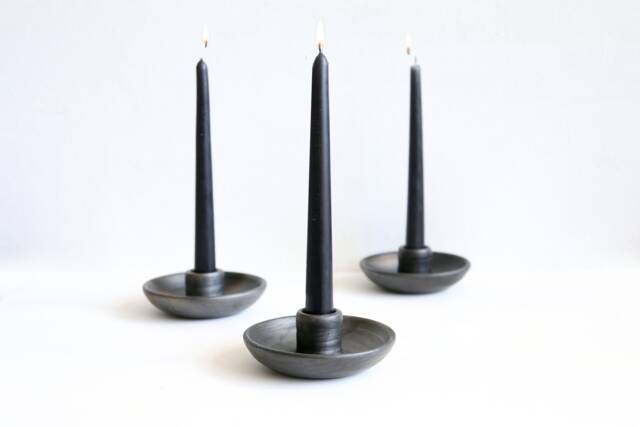 Earthenware Tapered Candleholder Black Metallic Finish, Scandinavian Decor - image 1