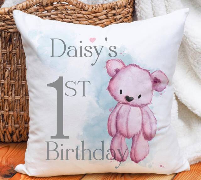 Personalised First Birthday Cushion, Gift, Bear 1st Birthday, Baby's Cushion - image 1
