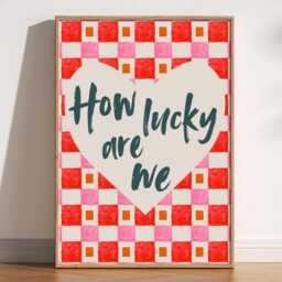 How Lucky Are We Retro Checkerboard Wall Art Print, Bold Heart Quote Colourful Home Decor, Pink Red Artwork, Feel Good Gift Poster - thumbnail 1