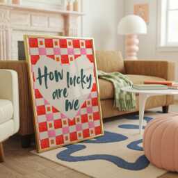How Lucky Are We Retro Checkerboard Wall Art Print, Bold Heart Quote Colourful Home Decor, Pink Red Artwork, Feel Good Gift Poster - thumbnail 2