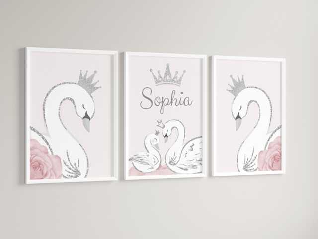Swan Princess Girls A4 Or A3 Nursery Set Of Unframed Personalised Prints Pink Bedroom Grey Flowers Silver Crown Wall Art - image 1