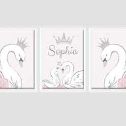 Swan Princess Girls A4 Or A3 Nursery Set Of Unframed Personalised Prints Pink Bedroom Grey Flowers Silver Crown Wall Art - thumbnail 2