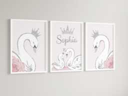 Swan Princess Girls A4 Or A3 Nursery Set Of Unframed Personalised Prints Pink Bedroom Grey Flowers Silver Crown Wall Art - thumbnail 1