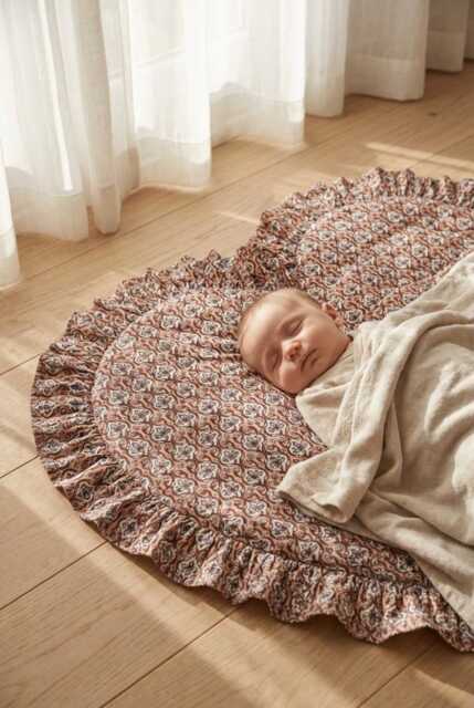 Heart Shaped Baby Play Mat, Vintage Blue Floral Ruffle, Padded Cotton - image 1