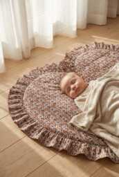 Heart Shaped Baby Play Mat, Vintage Blue Floral Ruffle, Padded Cotton - thumbnail 1