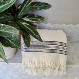 Luxury Bath Towel Hand Woven in Morocco With Berber Wool & Egyptian Cotton - Cream Black 180 X 95cm Bathroom, Interior - thumbnail 3