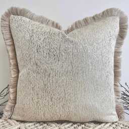 style No. 51 - Luxury Natural Cream & Gold Boho Textured Fringed Cushion Pillow Cover For Sofa Bed Throw Set From The Couture - thumbnail 1
