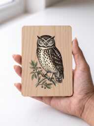 Little Owl Art Print - Vintage Illustration Garden Pine Wooden Postcard Wall - thumbnail 1