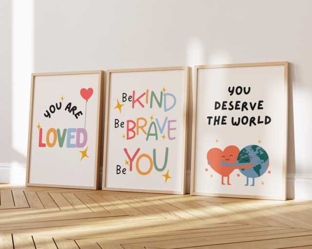 Childrens Affirmation Wall Art - Kids Bedroom Poster Set Of 3 Positive Quotes Loved Kind Happy Playroom Nursery Print Boys Girls - image 1