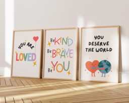 Childrens Affirmation Wall Art - Kids Bedroom Poster Set Of 3 Positive Quotes Loved Kind Happy Playroom Nursery Print Boys Girls - thumbnail 1