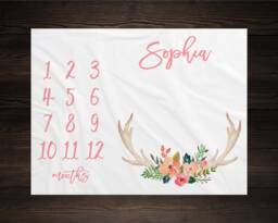 Girl Milestone Blanket Month Growth Tracker Minky Fleece Custom Personalized Baby Shower Gift Watercolor Floral Newborn - thumbnail 1