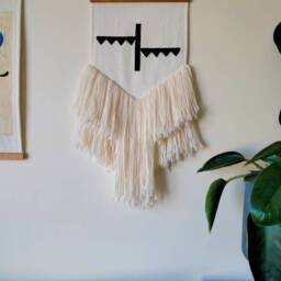 Ojah - Hand Made Wall Hanging With Unique Black Felt Design, Sewn Onto Woven Cotton Fabric, Natural Wool Fringe & Tasmanian Oak Hanger - thumbnail 4