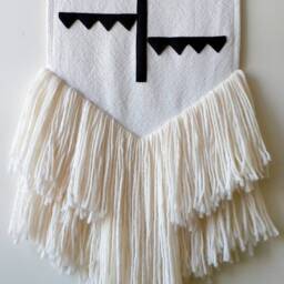 Ojah - Hand Made Wall Hanging With Unique Black Felt Design, Sewn Onto Woven Cotton Fabric, Natural Wool Fringe & Tasmanian Oak Hanger - thumbnail 2