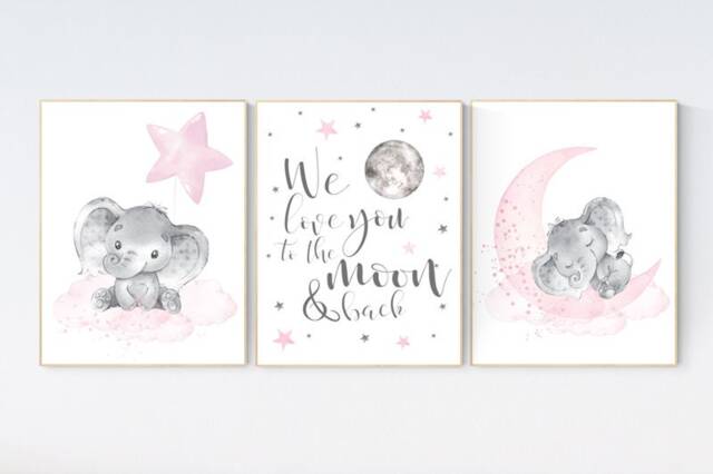 Elephant Nursery Decor Pink Gray Girl Wall Art Print - image 1