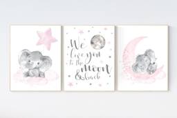 Elephant Nursery Decor Pink Gray Girl Wall Art Print - thumbnail 1