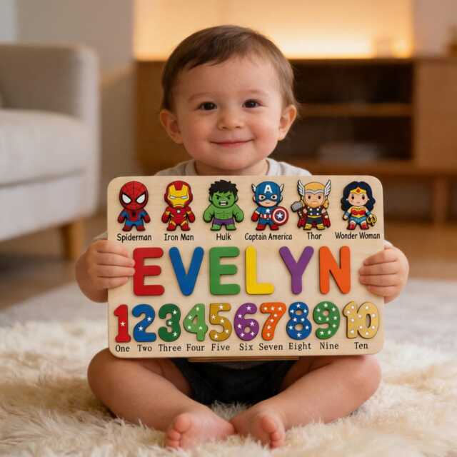 Personalized Superheroes Wooden Name Puzzle, Custom Baby Gifts Puzzle With Numbers, Avengers Nursery Decor, First Birthday Gift - image 1